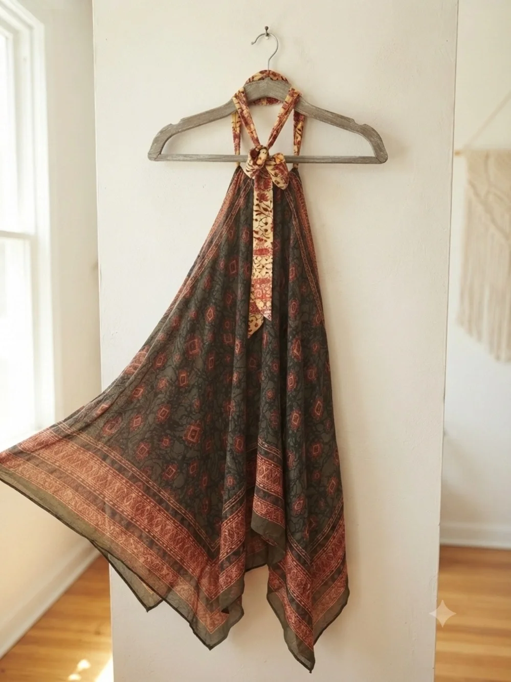Free People Olive Green and Rust Printed Asymmetrical Halter Dress